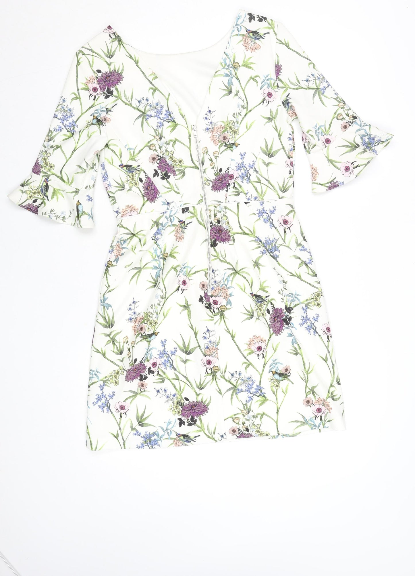 Oasis Women White Floral Shift Dress Size 10 Knee Length 3/4 Sleeve