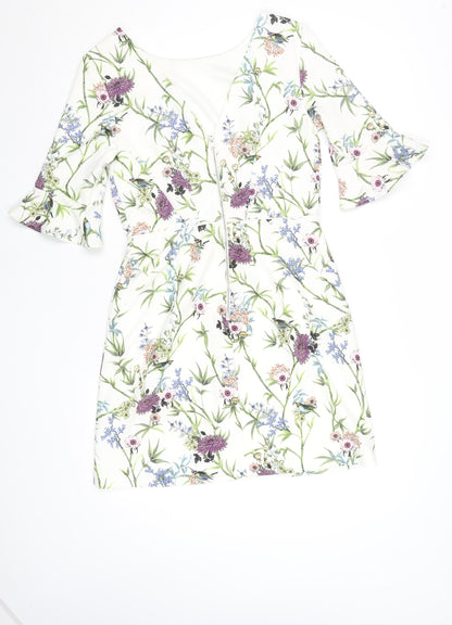 Oasis Women White Floral Shift Dress Size 10 Knee Length 3/4 Sleeve