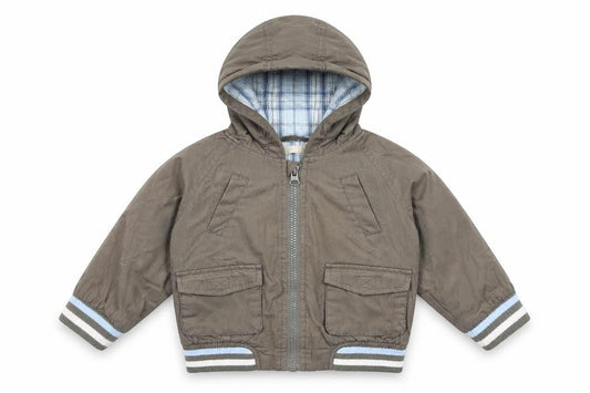 Front view of Bornbliss unisex baby brown 9-12 months hooded bomber jacket cotton
