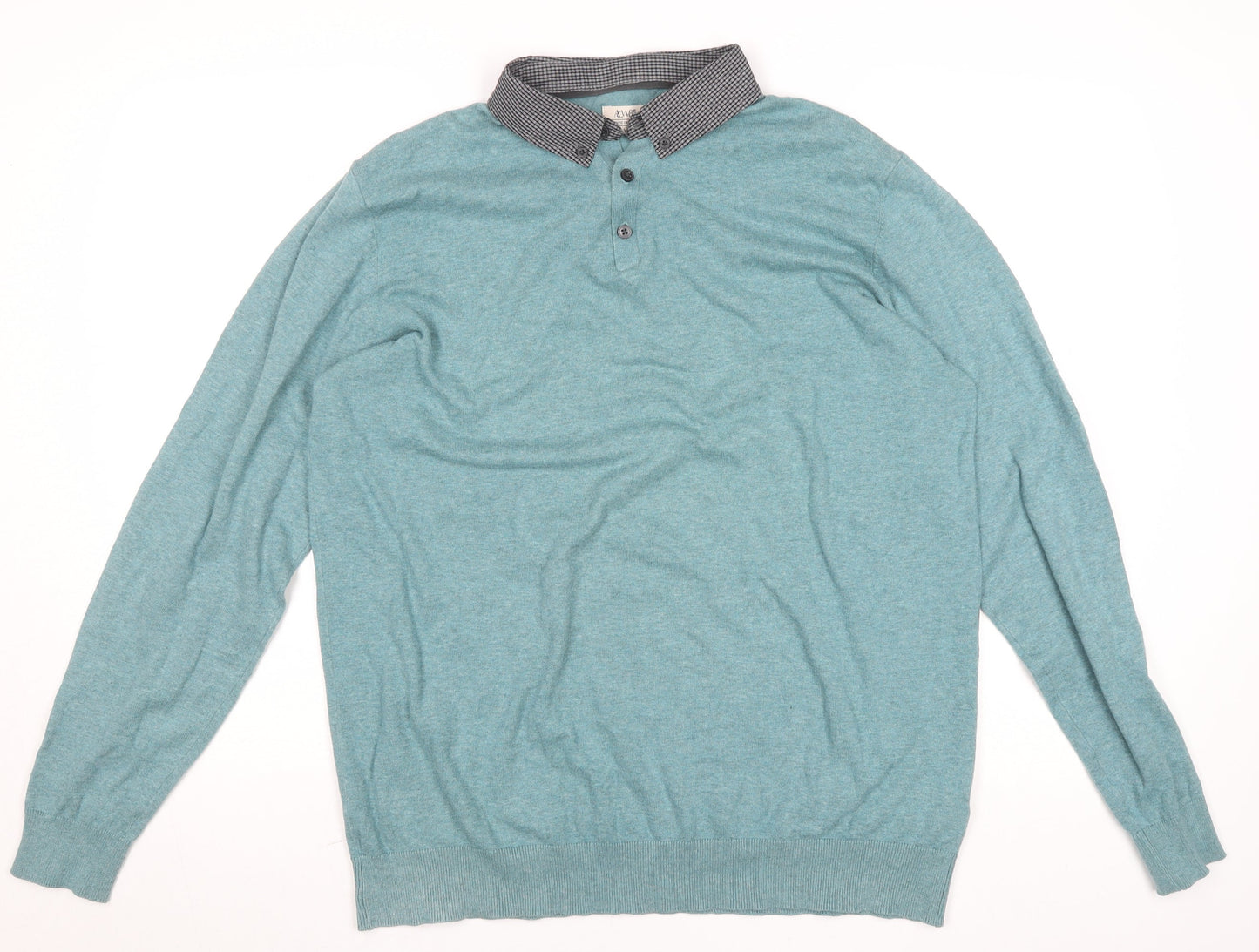 ACW85 Men's Blue Collared Henley Jumper Size L Cotton Knitwear