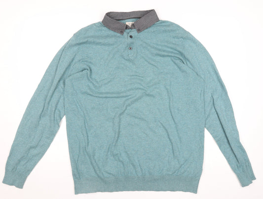 ACW85 Men's Blue Collared Henley Jumper Size L Cotton Knitwear