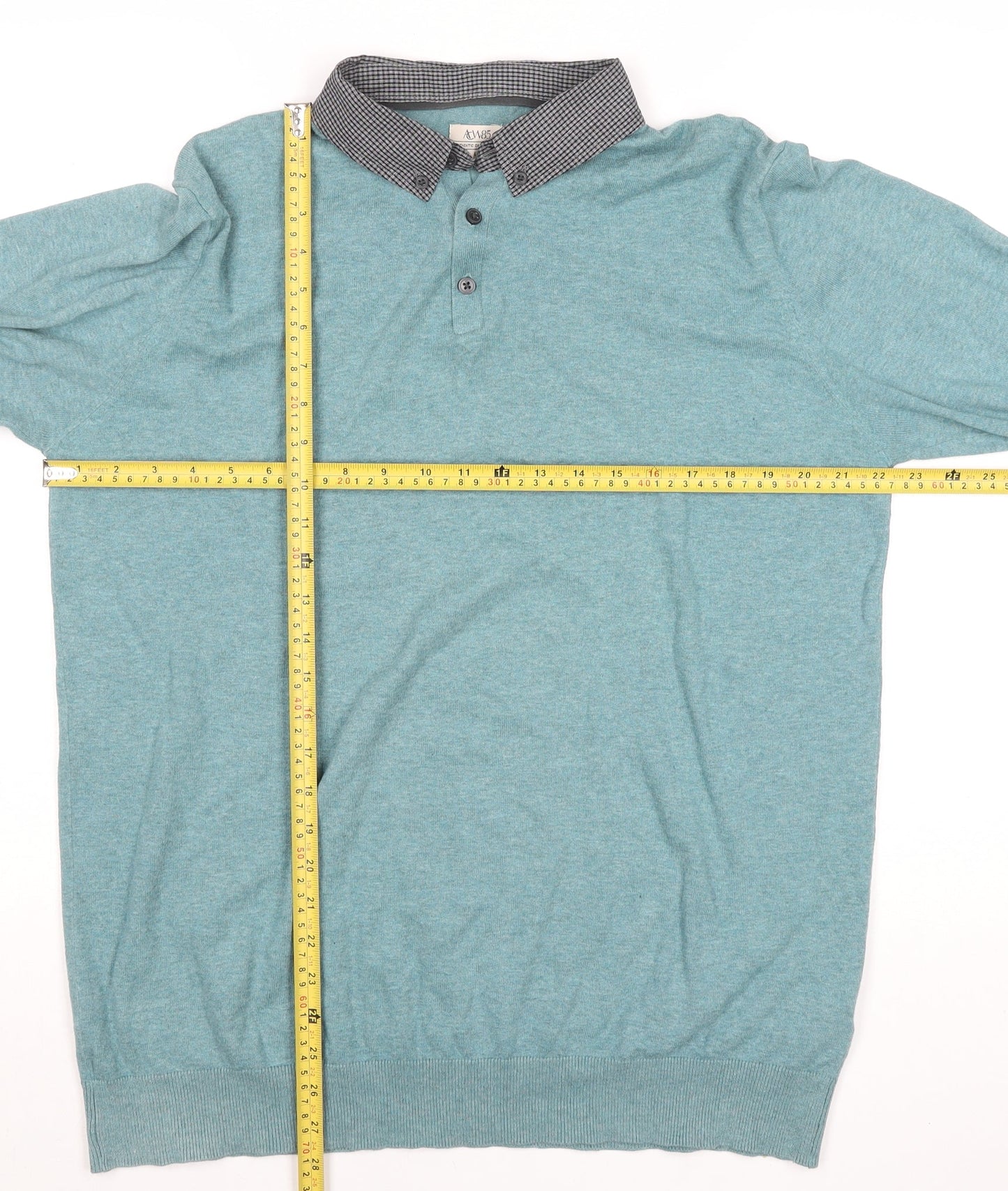 ACW85 Men's Blue Collared Henley Jumper Size L Cotton Knitwear