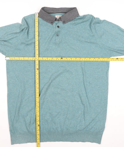 ACW85 Men's Blue Collared Henley Jumper Size L Cotton Knitwear