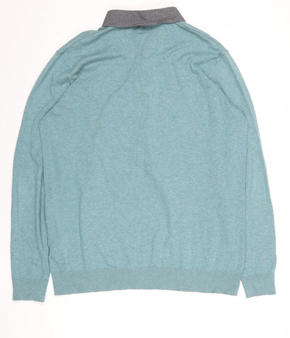 ACW85 Men's Blue Collared Henley Jumper Size L Cotton Knitwear