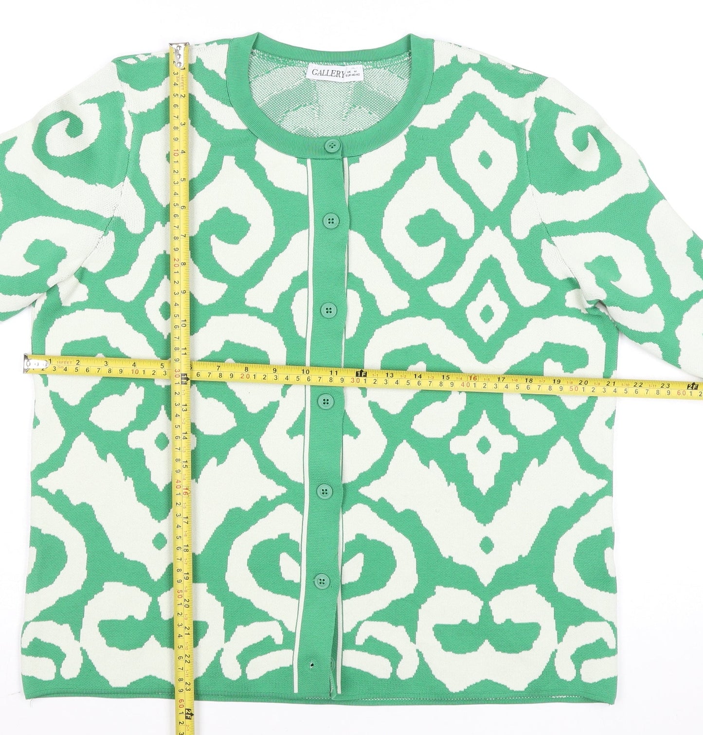 Gallery Women Green White Cardigan Medium Polyester Patterned Knit