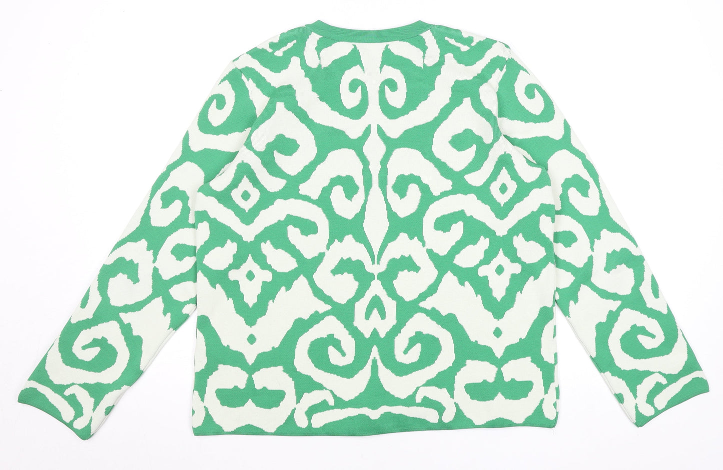 Gallery Women Green White Cardigan Medium Polyester Patterned Knit