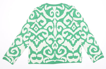 Gallery Women Green White Cardigan Medium Polyester Patterned Knit