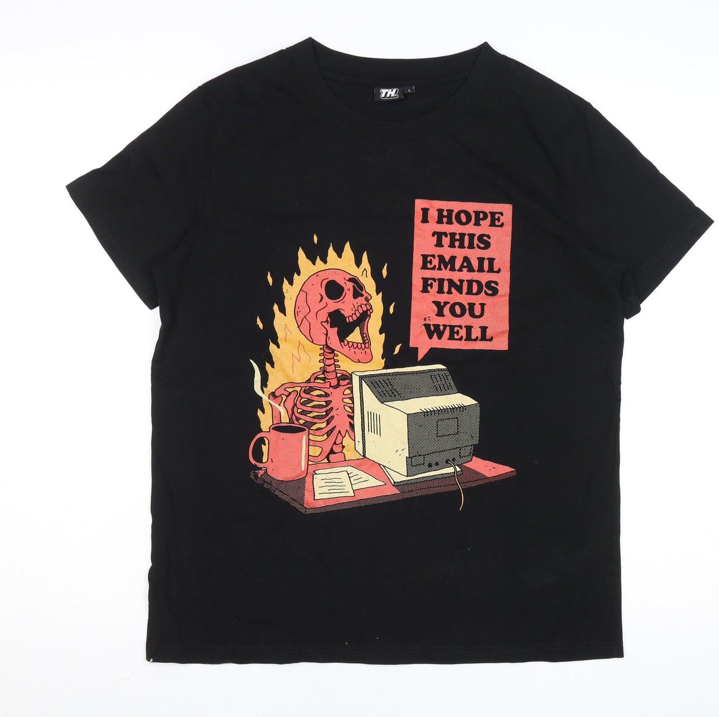 TH Mens Black L Funny Retro Graphic Print Cotton T-Shirt