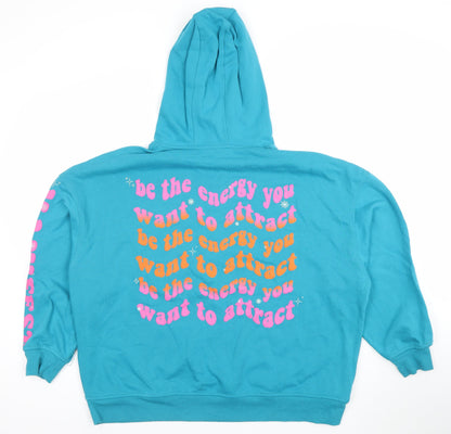 Primark Womens Blue Pullover Hoodie Medium Graphic Print Cotton Blend