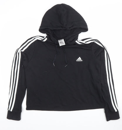 Adidas Womens Black Pullover Hoodie UK 12 Cotton Blend 3-Stripes Design
