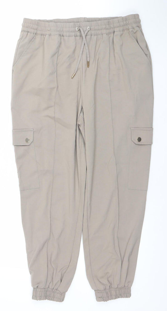 F&F Women’s Beige Cargo Jogger Trousers UK 14 Polyester Viscose Blend