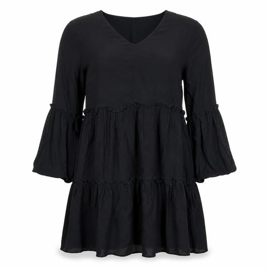 Front view of Jacqueline de Yong Women's Black Viscose Knee Length Ruffle Dress -, size 10