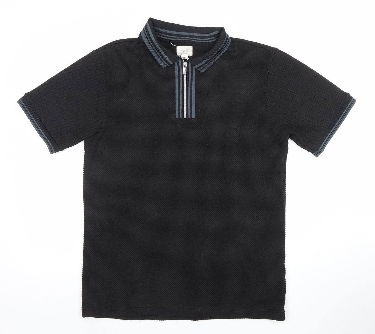 River Island Men's Black 1/4 Zip Knit Polo Shirt Size L