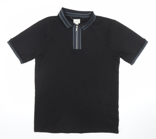 River Island Men's Black 1/4 Zip Knit Polo Shirt Size L