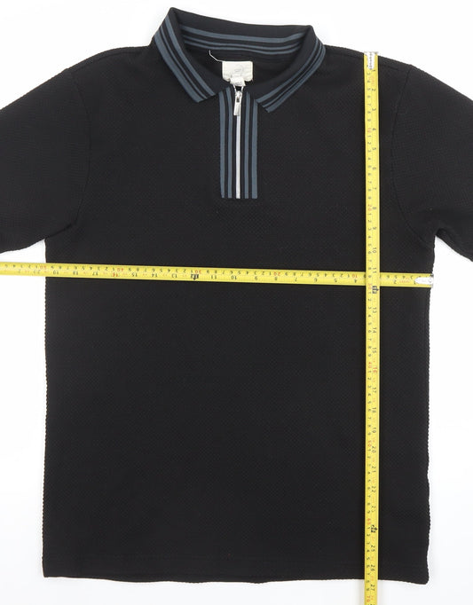 River Island Men's Black 1/4 Zip Knit Polo Shirt Size L