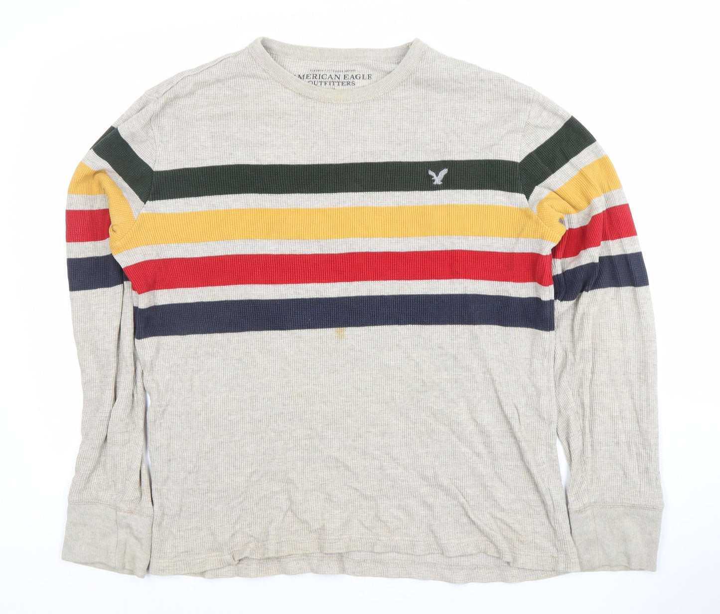 American Eagle Men’s Beige Striped Waffle Knit Cotton Jumper L