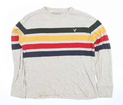 American Eagle Men’s Beige Striped Waffle Knit Cotton Jumper L