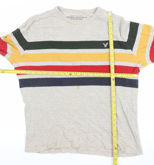 American Eagle Men’s Beige Striped Waffle Knit Cotton Jumper L