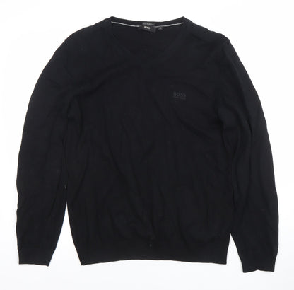 Hugo Boss Mens Black Cotton V-Neck Jumper Size M Regular Fit