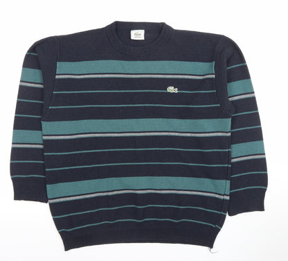 Lacoste Men's Blue Striped Cotton Jumper Size L Crew Neck Pullover