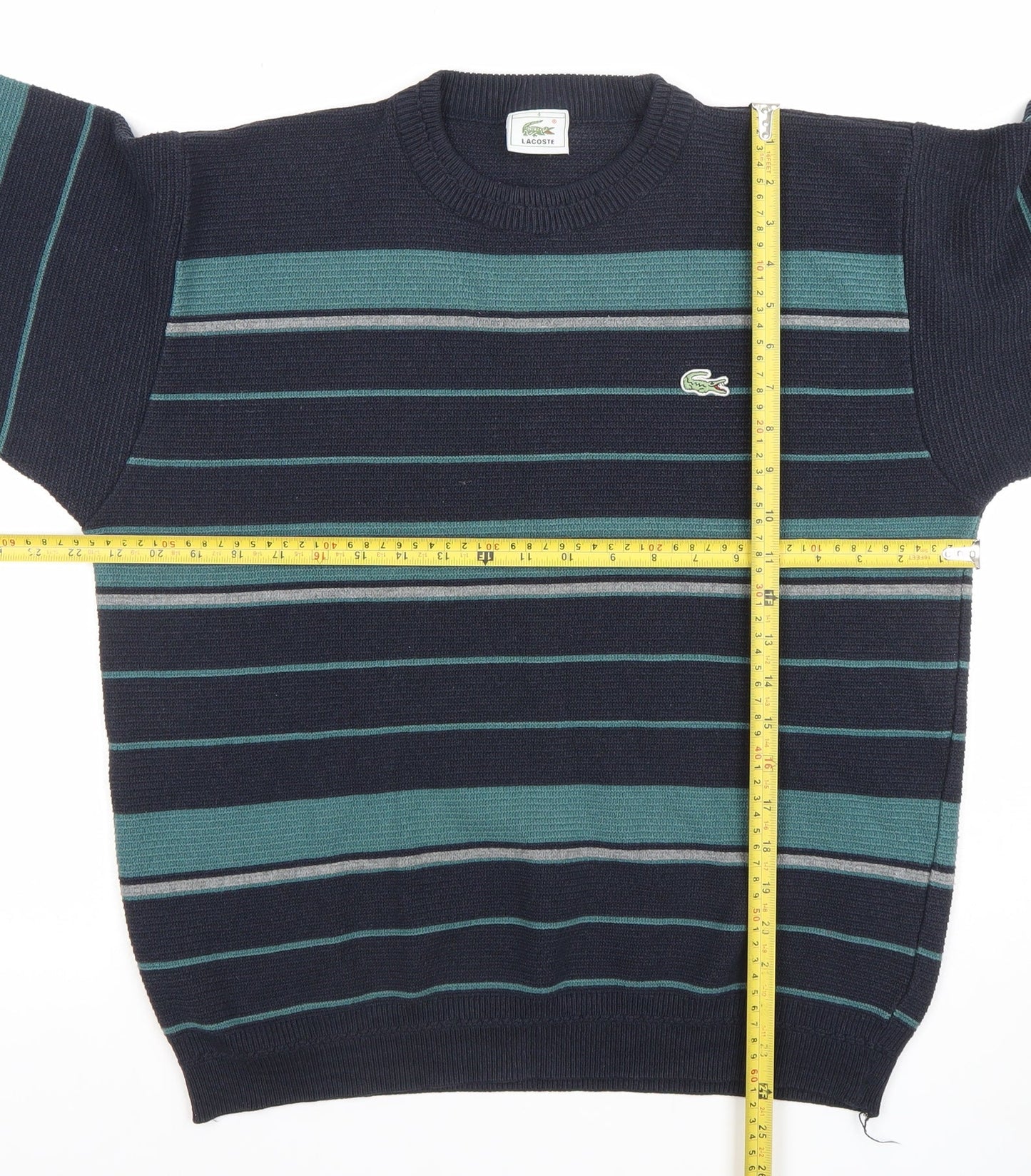 Lacoste Men's Blue Striped Cotton Jumper Size L Crew Neck Pullover
