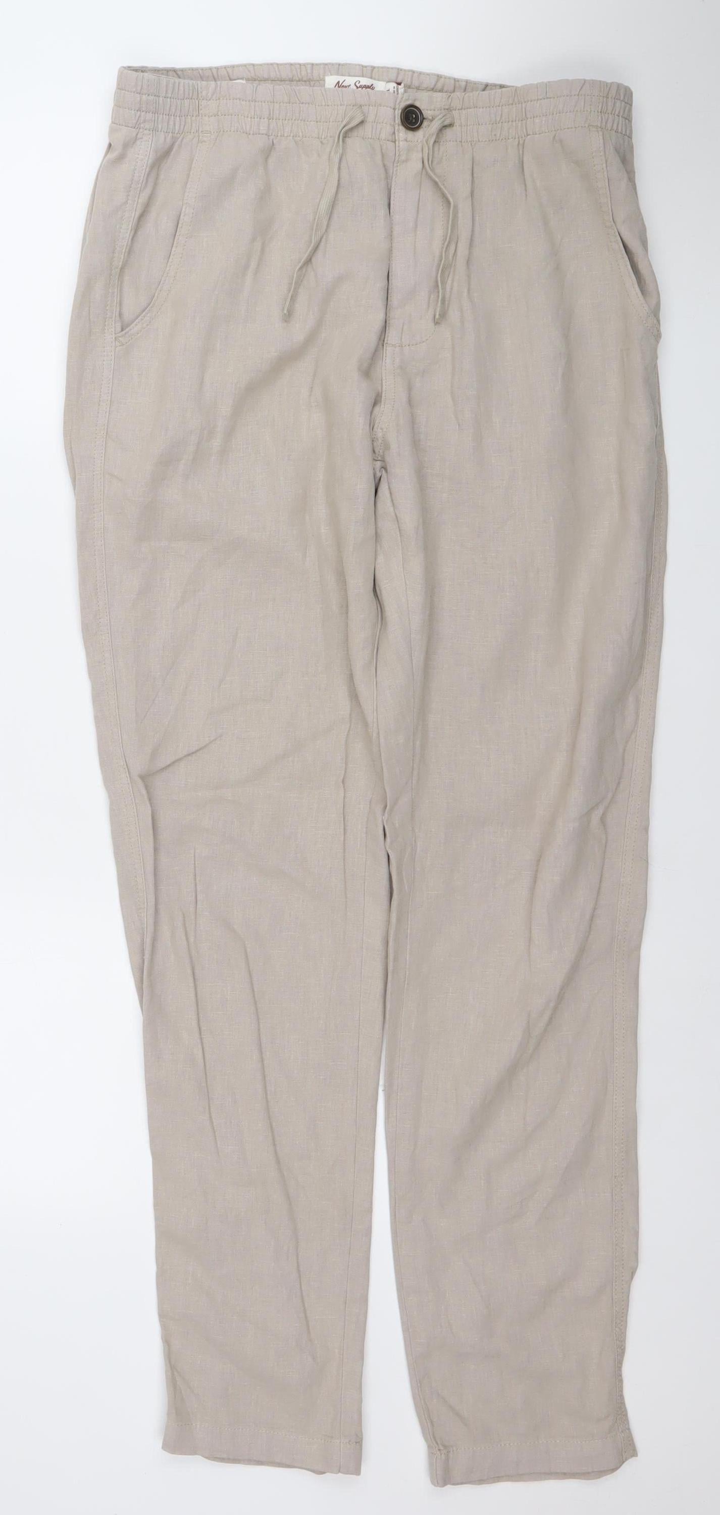 Next Men Beige Linen Blend Chino Trousers 32L Regular Fit
