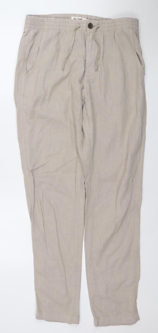 Next Men Beige Linen Blend Chino Trousers 32L Regular Fit