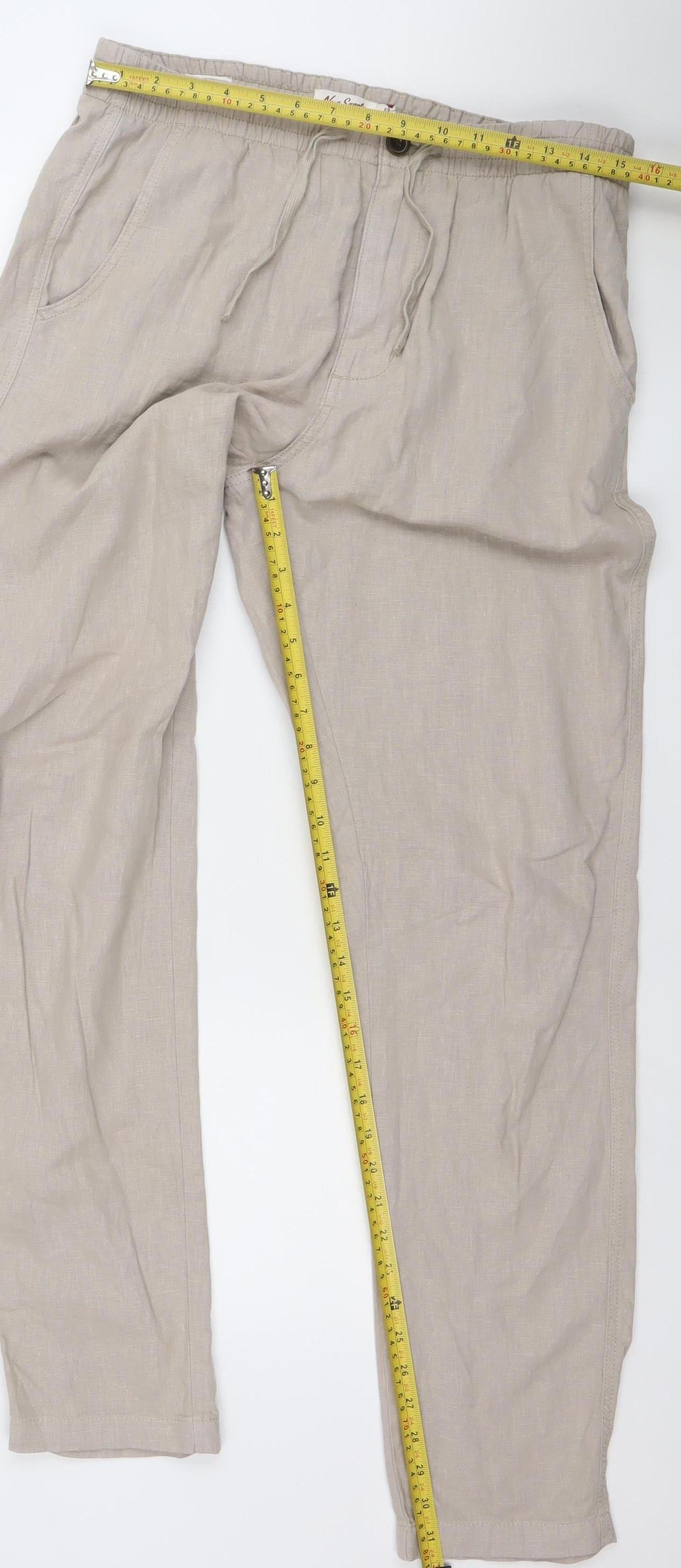 Next Men Beige Linen Blend Chino Trousers 32L Regular Fit