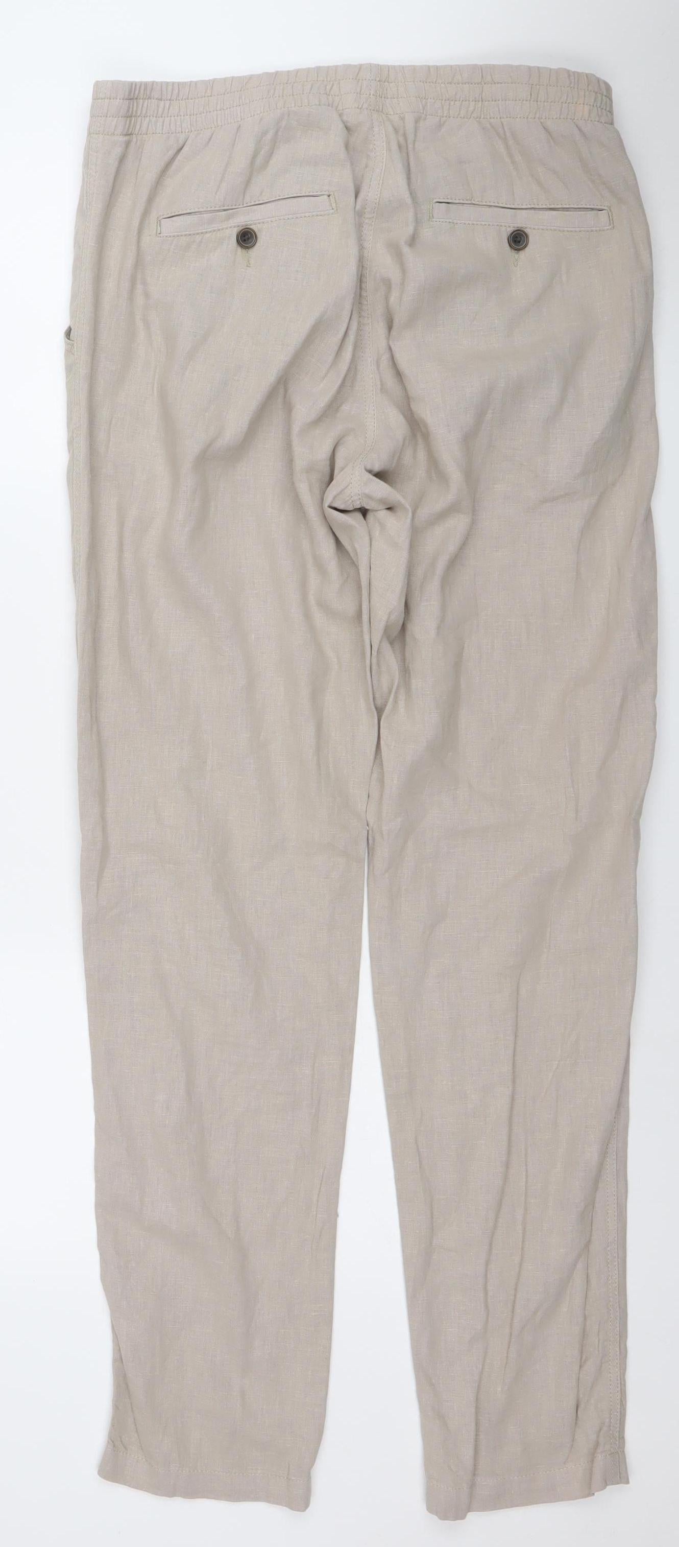 Next Men Beige Linen Blend Chino Trousers 32L Regular Fit