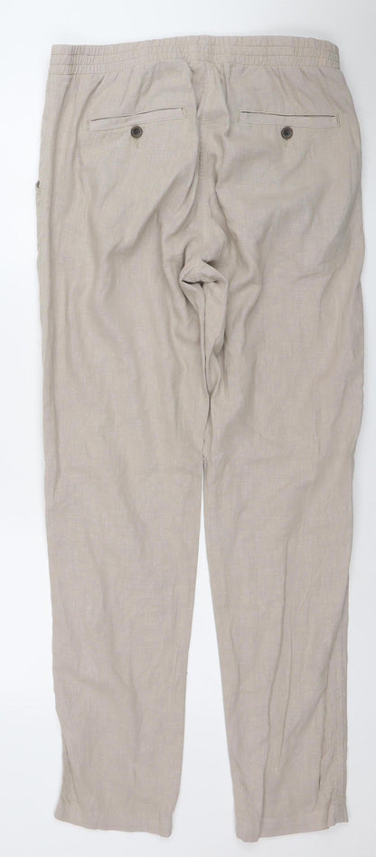 Next Men Beige Linen Blend Chino Trousers 32L Regular Fit