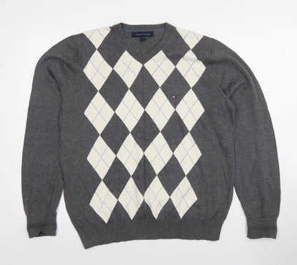 Tommy Hilfiger Men's Grey Argyle V-Neck Cotton Jumper L