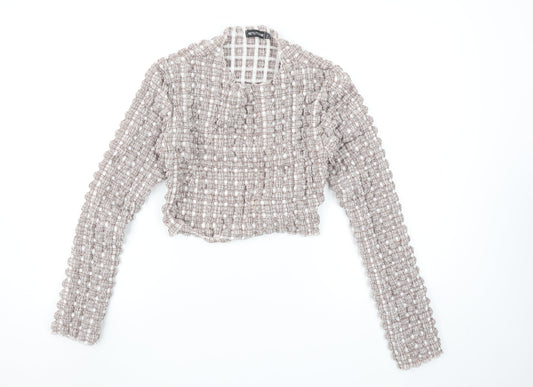 PrettyLittleThing Women’s Beige Check Cropped Ruffle Blouse Size 12