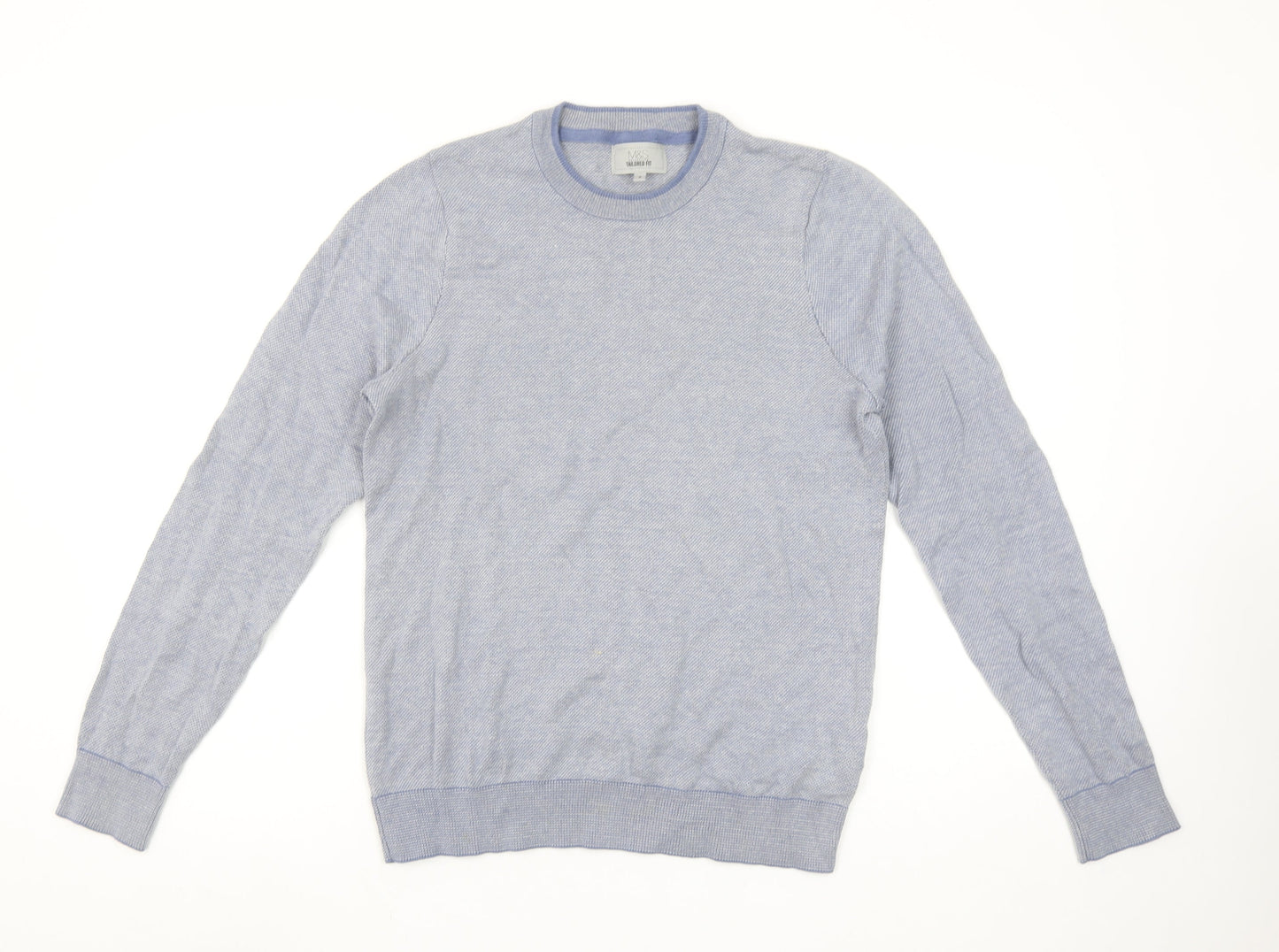 Marks and Spencer Men's Blue Cotton Crew Neck Pullover Jumper S Tailored Fit