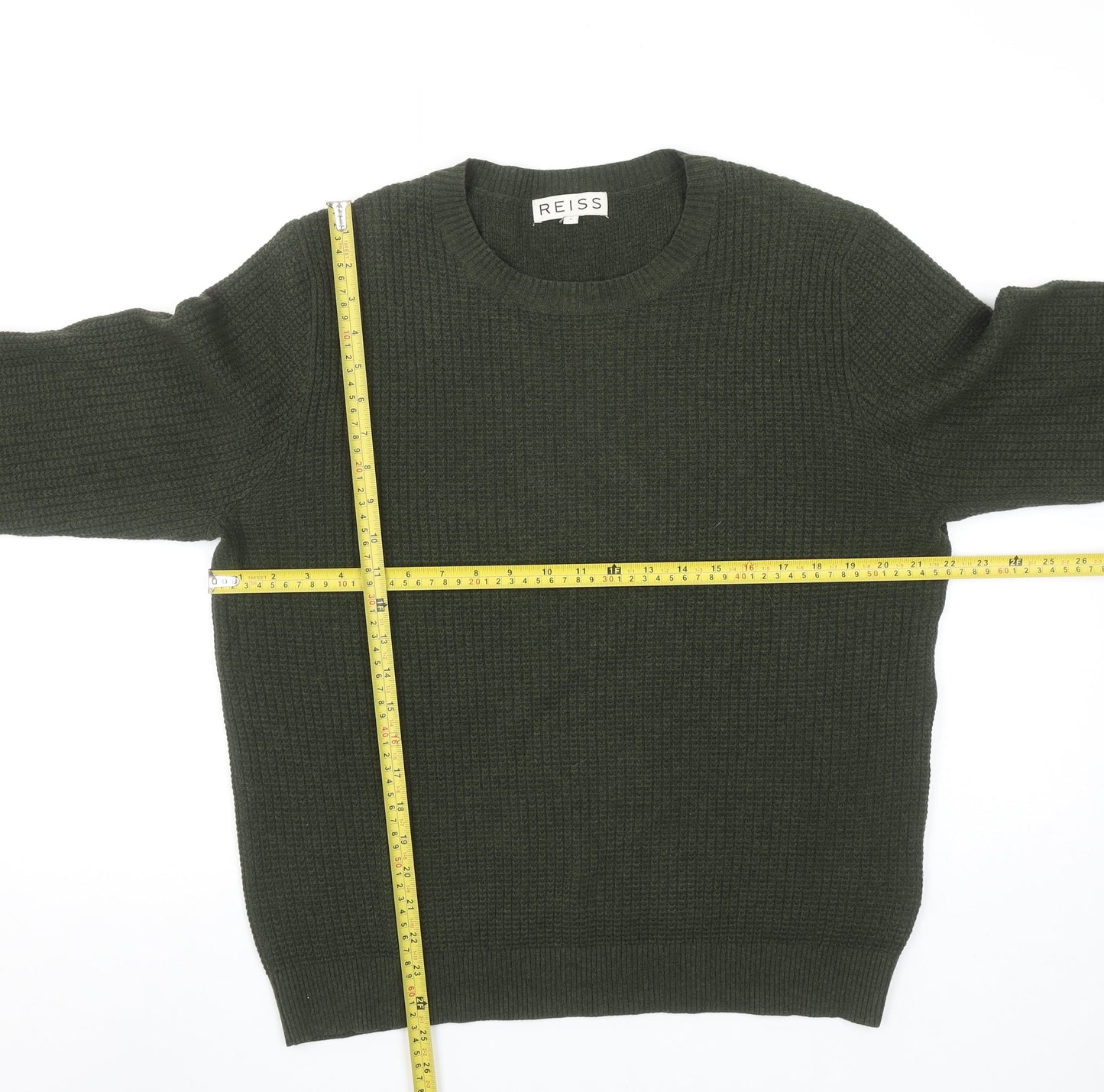 Reiss Men's Green Cotton Wool Crew Neck Waffle Knit Jumper Size L