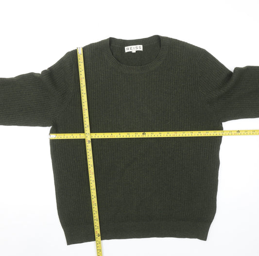 Reiss Men's Green Cotton Wool Crew Neck Waffle Knit Jumper Size L