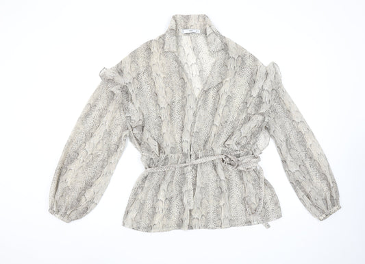 MNG Women's Grey Snake Print Wrap Blouse Size S Long Sleeve Ruffle Top