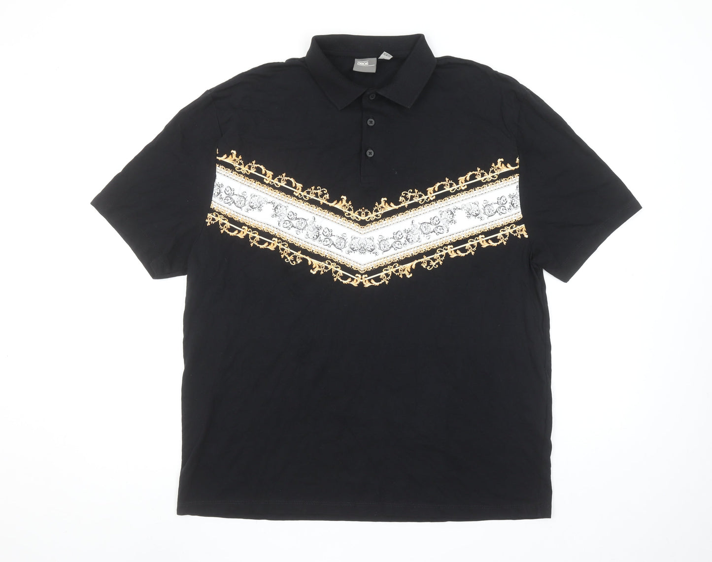 ASOS Men's Black Short Sleeve Polo Shirt M Gold Baroque Print