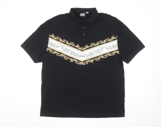 ASOS Men's Black Short Sleeve Polo Shirt M Gold Baroque Print