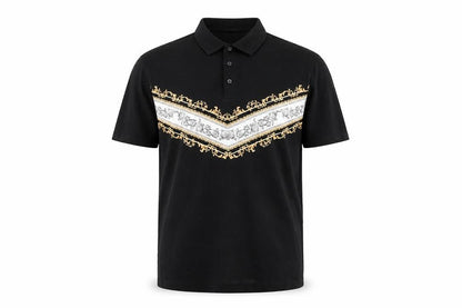 Front view of ASOS Men's Black Short Sleeve Polo Shirt M Gold Baroque Print