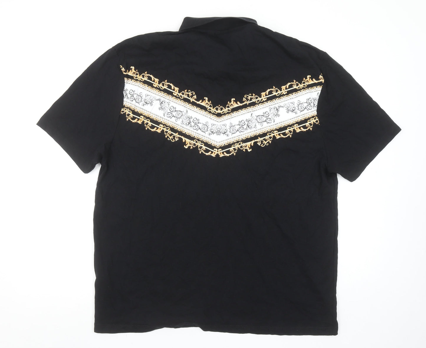 ASOS Men's Black Short Sleeve Polo Shirt M Gold Baroque Print