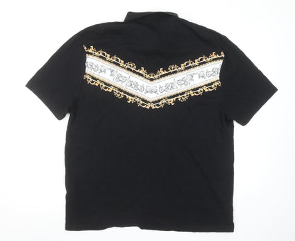 ASOS Men's Black Short Sleeve Polo Shirt M Gold Baroque Print