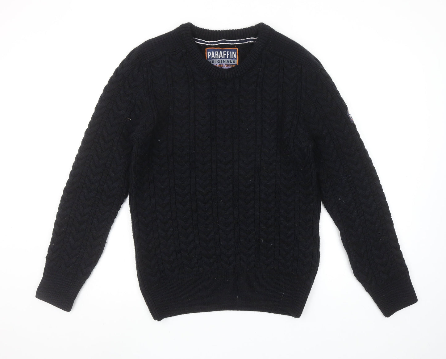 Paraffin Mens Black Medium Cable-Knit Crew Neck Jumper