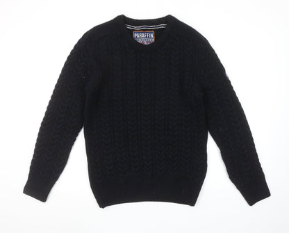 Paraffin Mens Black Medium Cable-Knit Crew Neck Jumper