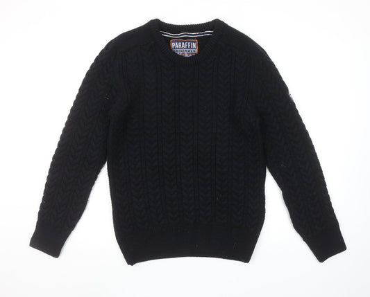 Paraffin Mens Black Medium Cable-Knit Crew Neck Jumper