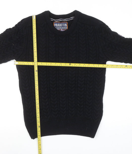 Paraffin Mens Black Medium Cable-Knit Crew Neck Jumper