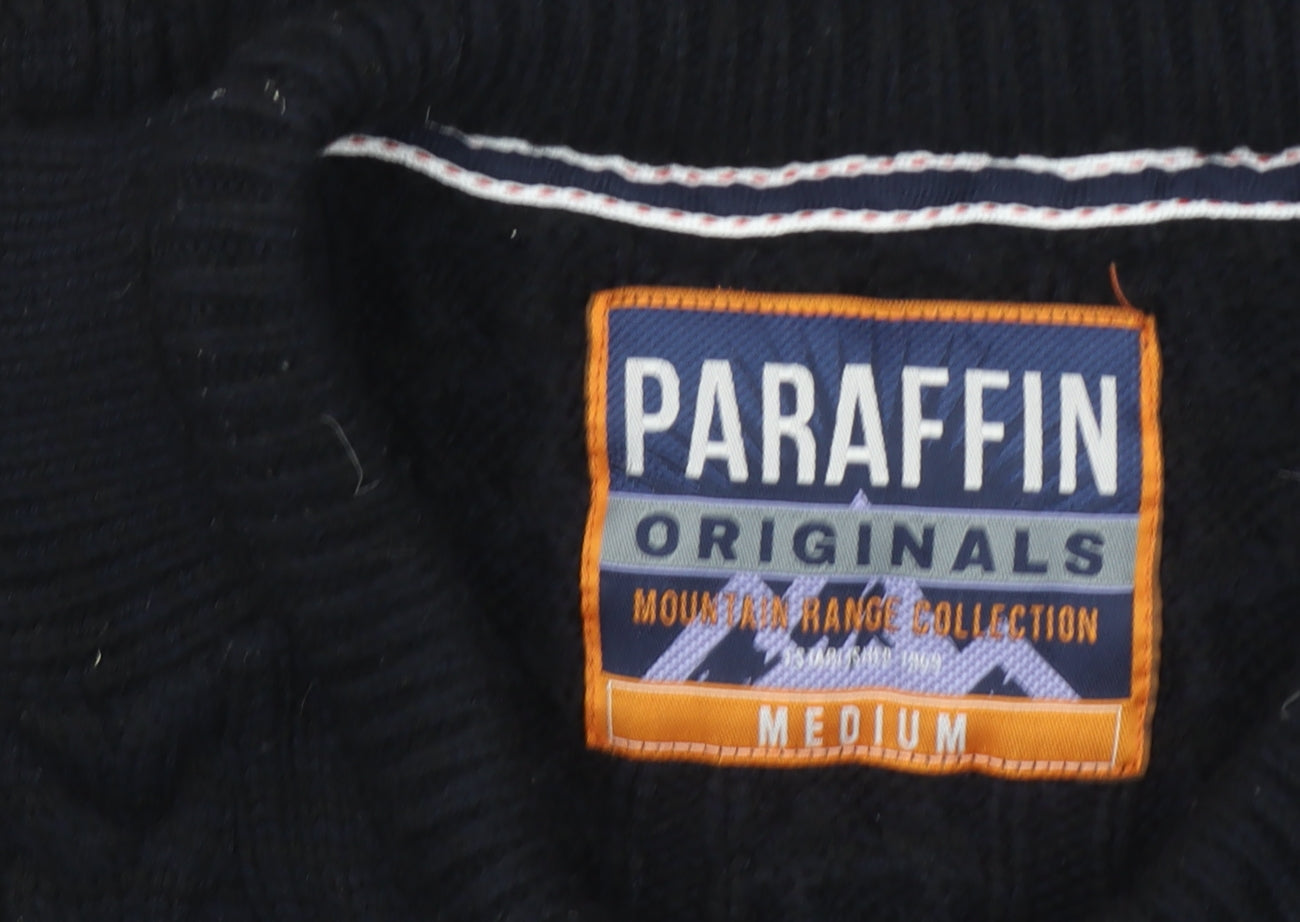 Paraffin Mens Black Medium Cable-Knit Crew Neck Jumper