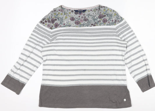 Maine New England Women's Grey Striped Floral Cotton Top Size 14