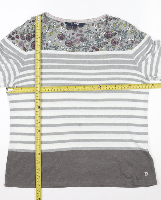 Maine New England Women's Grey Striped Floral Cotton Top Size 14