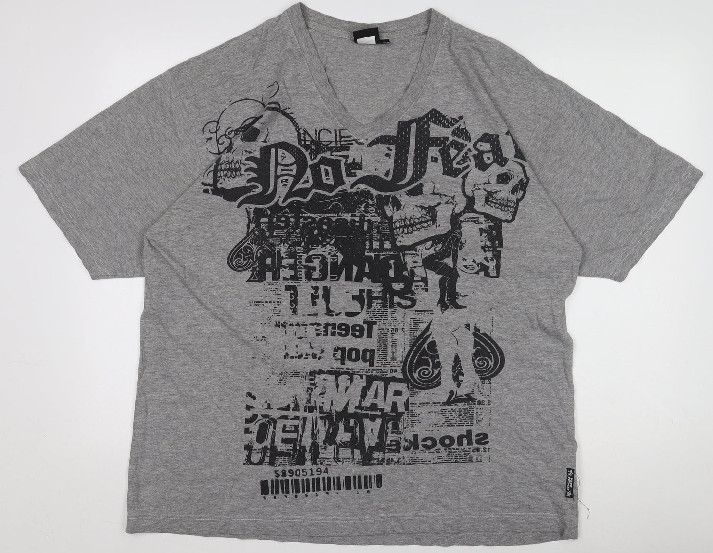 No Fear Men's Grey V-Neck Graphic Skull Print T-Shirt Size L