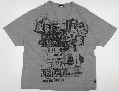 No Fear Men's Grey V-Neck Graphic Skull Print T-Shirt Size L